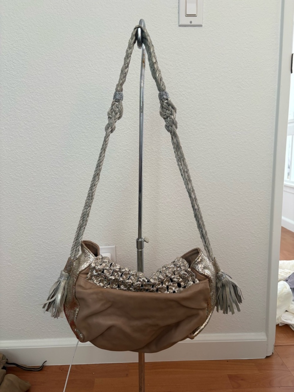 Metallic Gold and Taupe Braided Shoulder Bag with Tassels - Picture 2 of 5